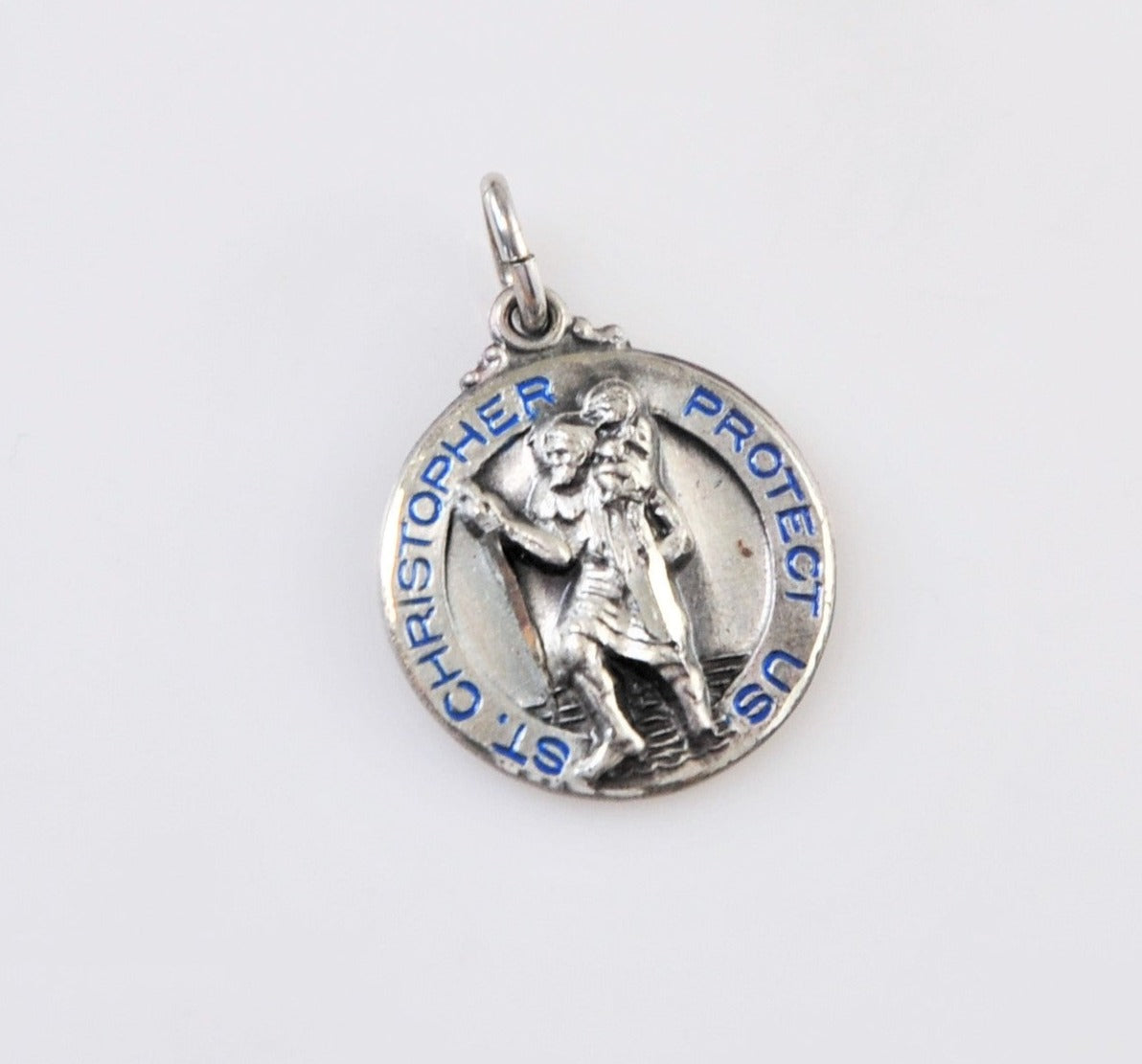 Small Vintage Hayward Sterling Silver Blue Enamel Saint Christopher Medal Pendant