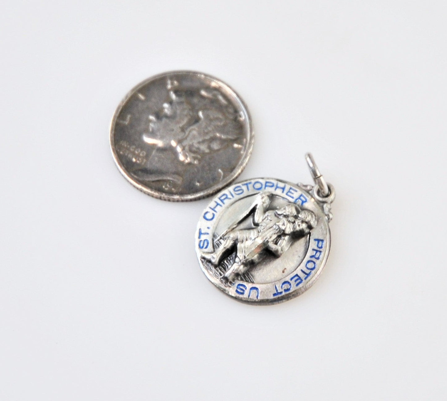 Small Vintage Hayward Sterling Silver Blue Enamel Saint Christopher Medal Pendant