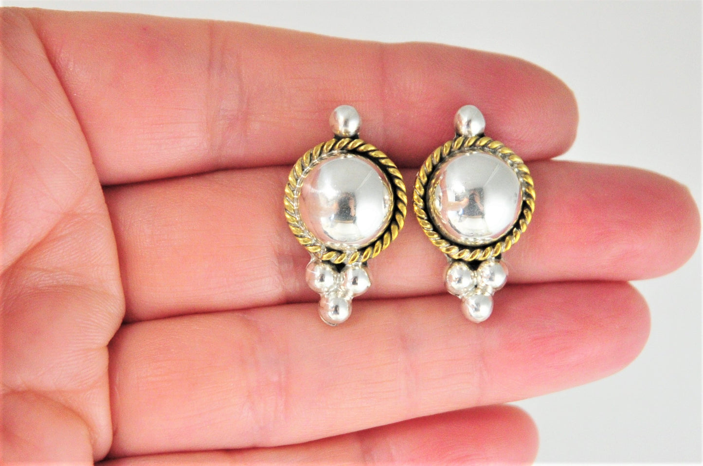 Vintage Two Tone Sterling Silver Brass Southwestern Dome Earrings