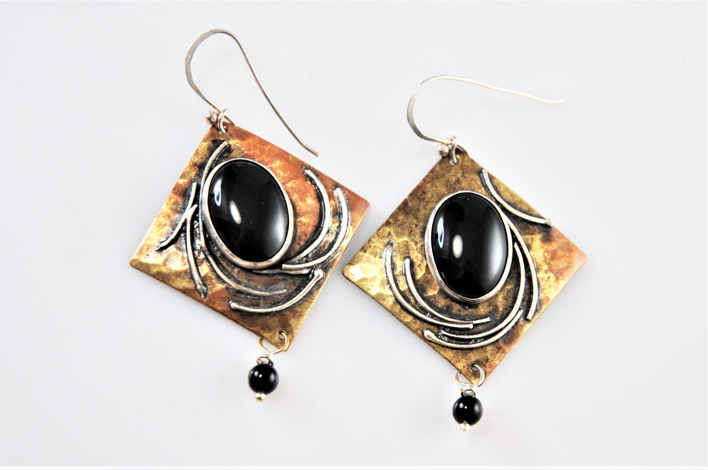 Large Artisan Signed Sterling Silver Mixed Metal Black Onyx Earrings