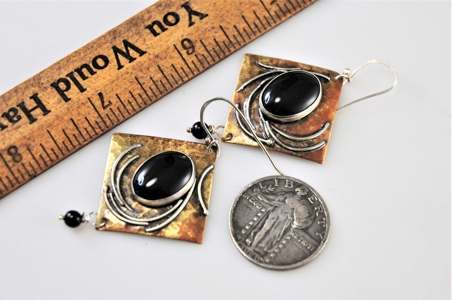 Large Artisan Signed Sterling Silver Mixed Metal Black Onyx Earrings