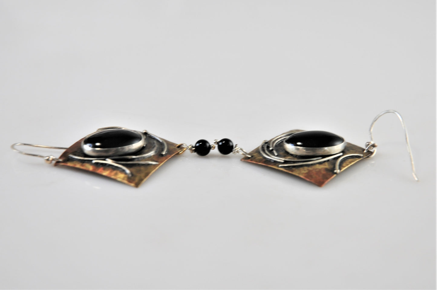 Large Artisan Signed Sterling Silver Mixed Metal Black Onyx Earrings