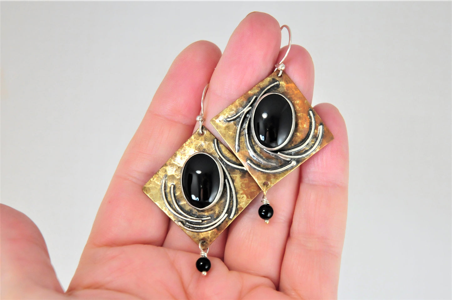 Large Artisan Signed Sterling Silver Mixed Metal Black Onyx Earrings