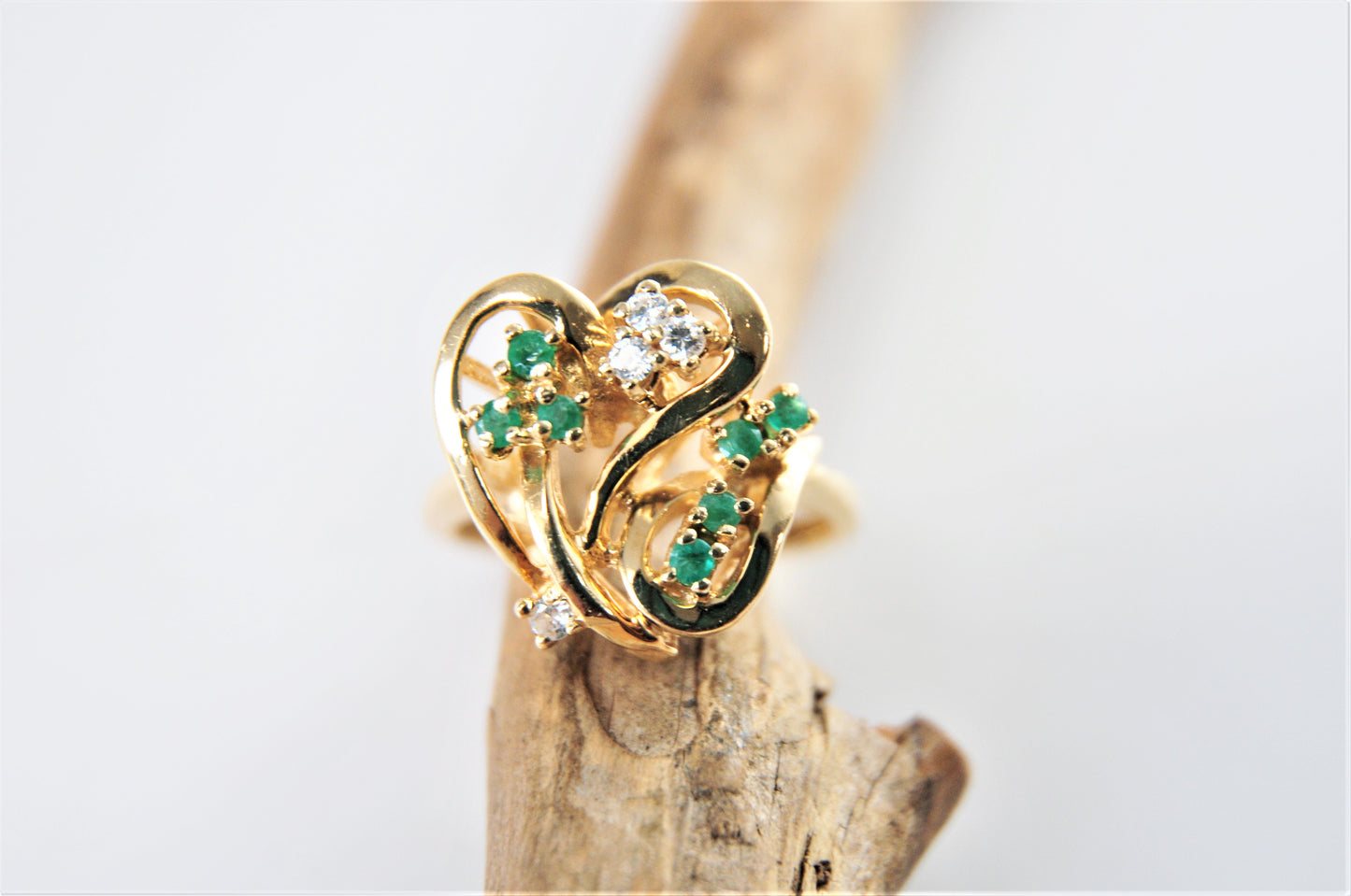 Heavy 14K Yellow Gold Emerald and Diamond Abstract Heart Ring