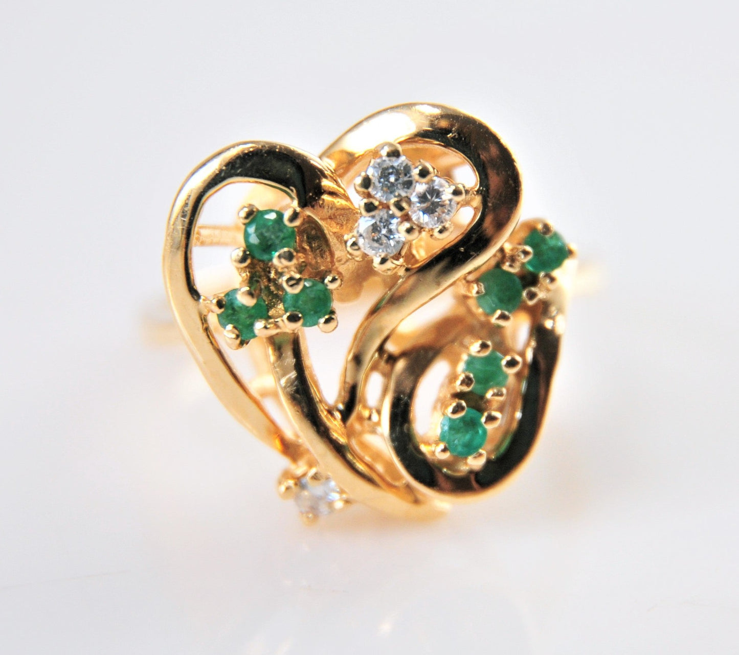 Heavy 14K Yellow Gold Emerald and Diamond Abstract Heart Ring