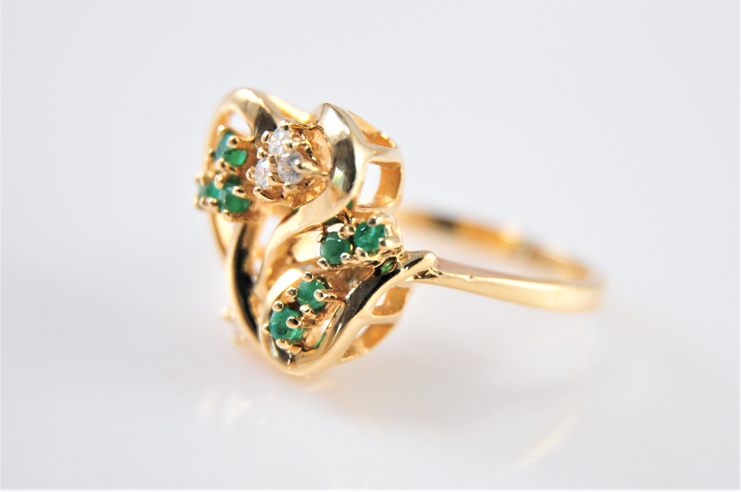 Heavy 14K Yellow Gold Emerald and Diamond Abstract Heart Ring