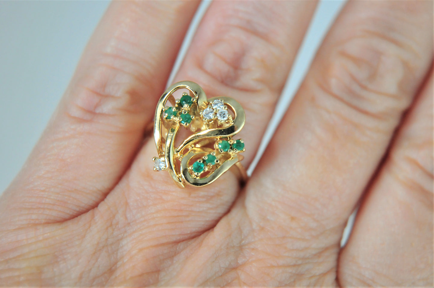 Heavy 14K Yellow Gold Emerald and Diamond Abstract Heart Ring