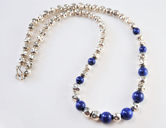 Heavy Signed Sterling Silver Graduated Lapis Crinkle Bead Necklace