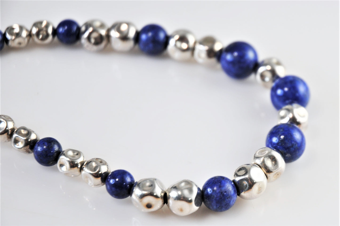 Heavy Signed Sterling Silver Graduated Lapis Crinkle Bead Necklace