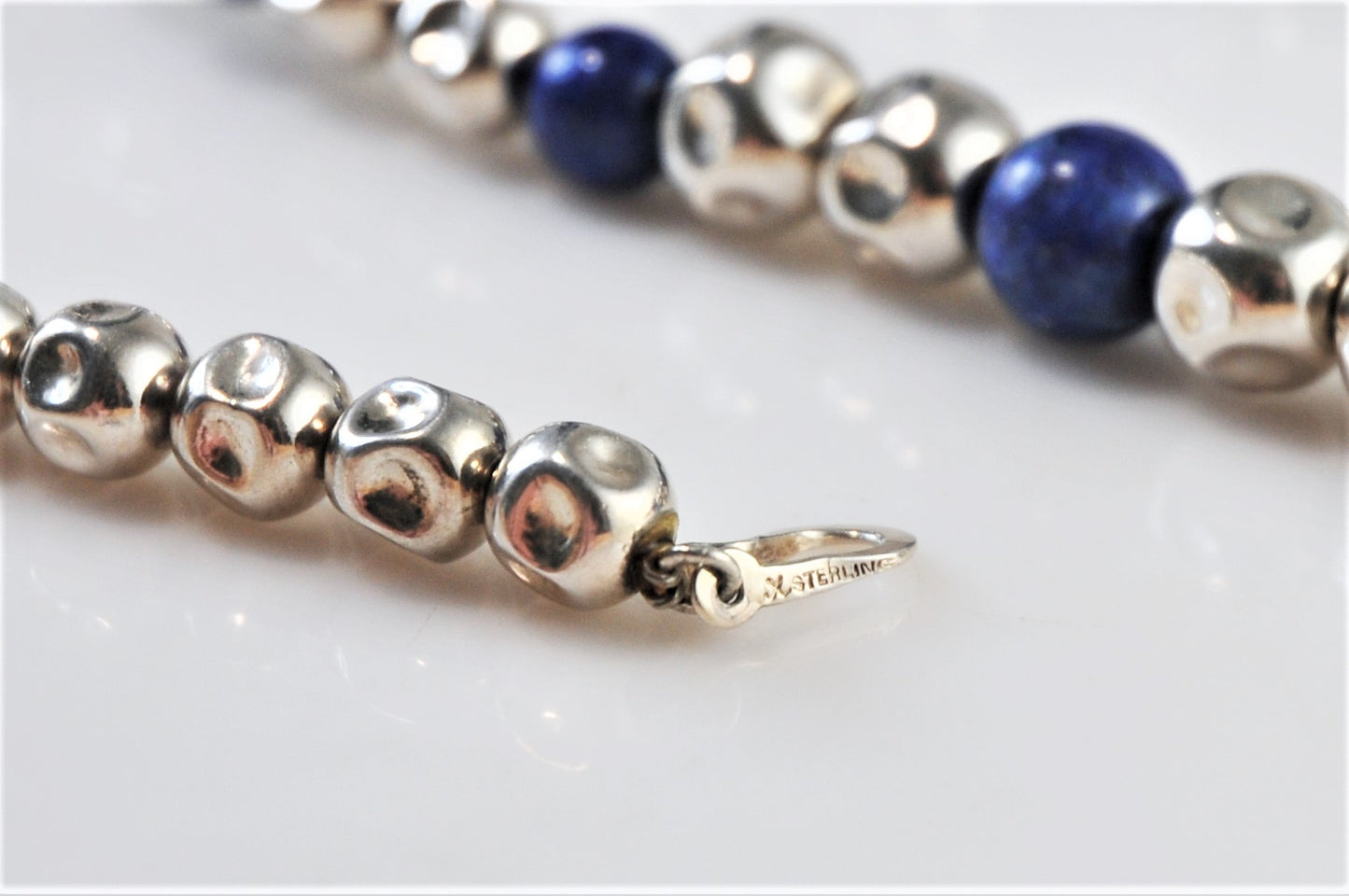 Heavy Signed Sterling Silver Graduated Lapis Crinkle Bead Necklace