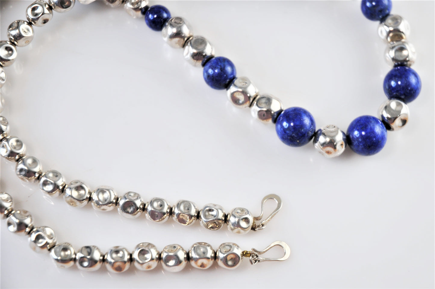 Heavy Signed Sterling Silver Graduated Lapis Crinkle Bead Necklace