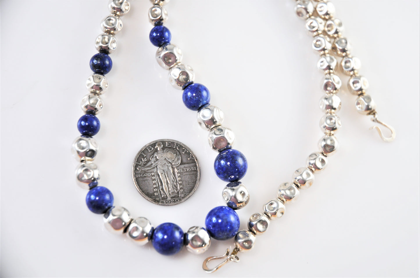 Heavy Signed Sterling Silver Graduated Lapis Crinkle Bead Necklace