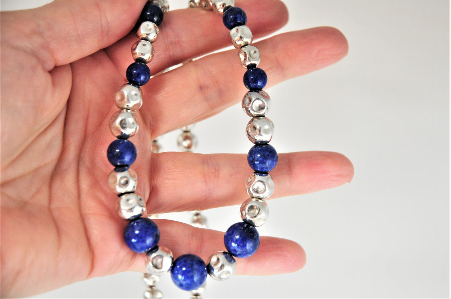 Heavy Signed Sterling Silver Graduated Lapis Crinkle Bead Necklace