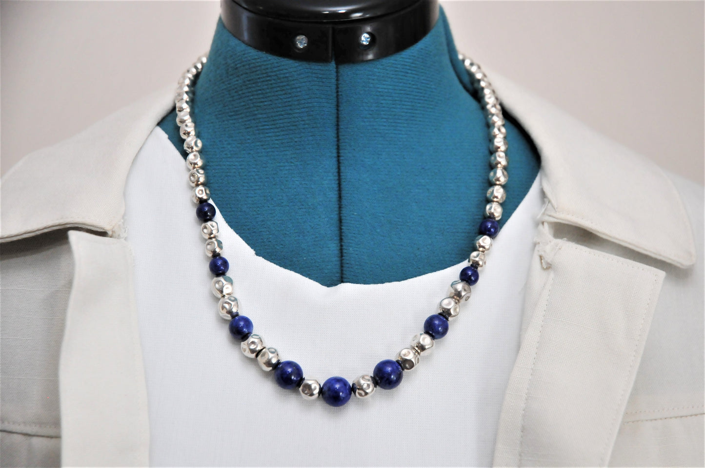 Heavy Signed Sterling Silver Graduated Lapis Crinkle Bead Necklace