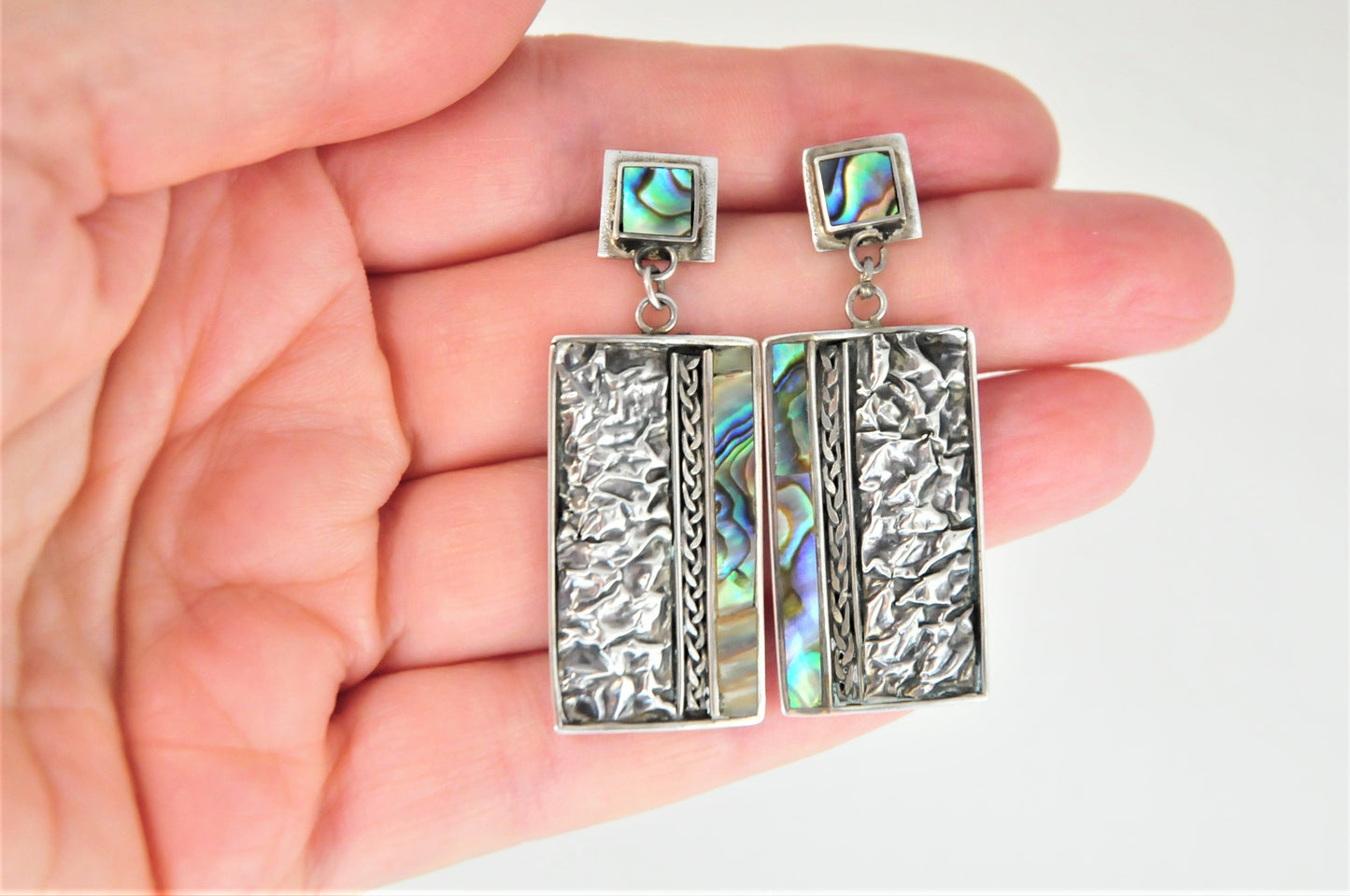 Modernist Sterling Silver Abalone Inlay Earrings