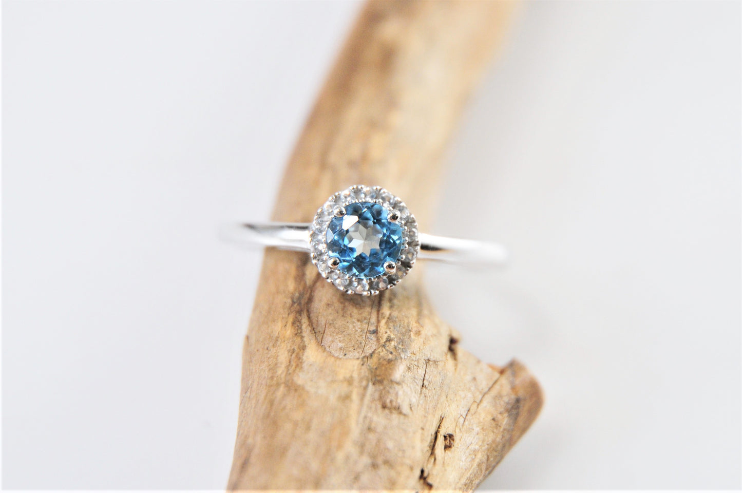 10K White Gold Blue Topaz Ring with CZ Accents Size 8