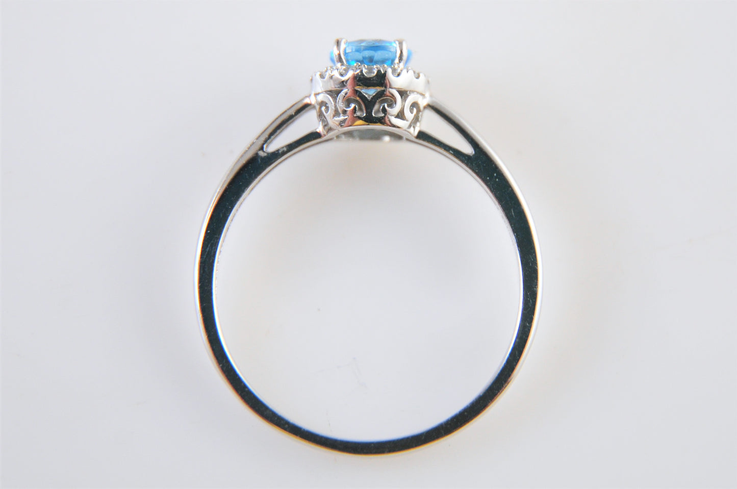 10K White Gold Blue Topaz Ring with CZ Accents Size 8