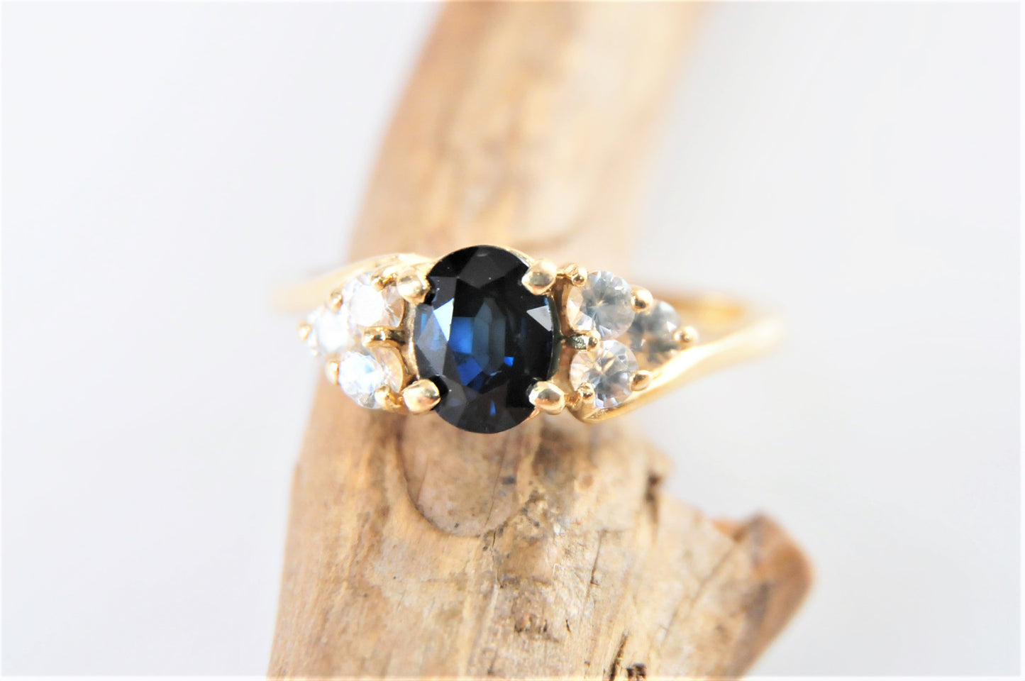 Signed 14K Yellow Gold Sapphire Ring with CZ Accents Size 7 3/4