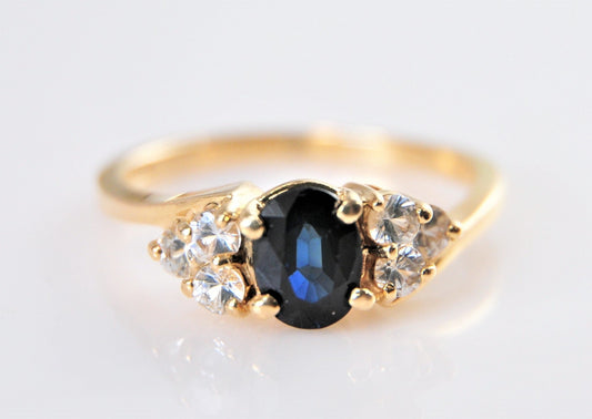 Signed 14K Yellow Gold Sapphire Ring with CZ Accents Size 7 3/4