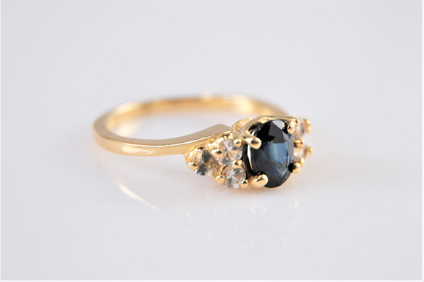 Signed 14K Yellow Gold Sapphire Ring with CZ Accents Size 7 3/4