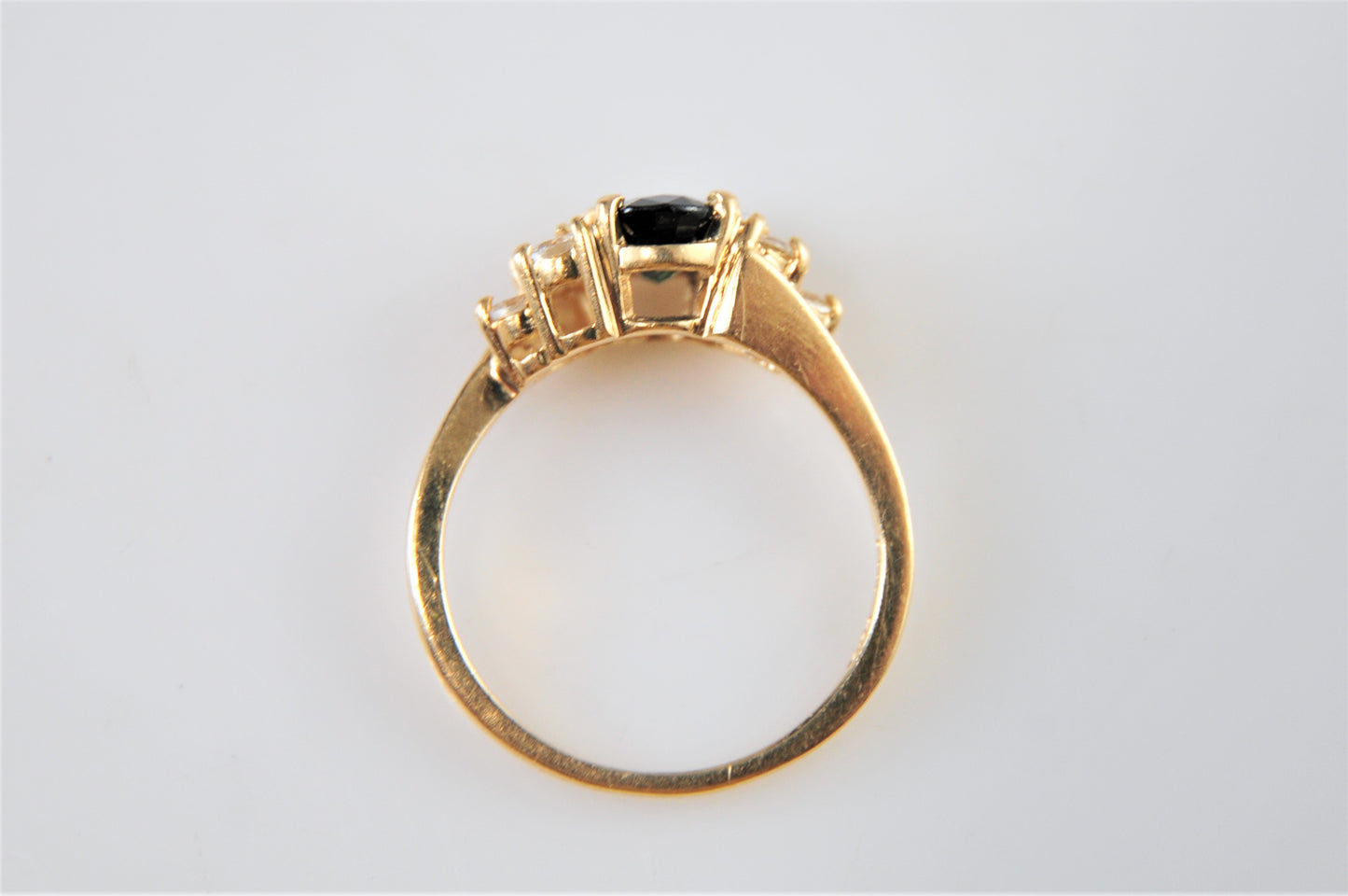 Signed 14K Yellow Gold Sapphire Ring with CZ Accents Size 7 3/4