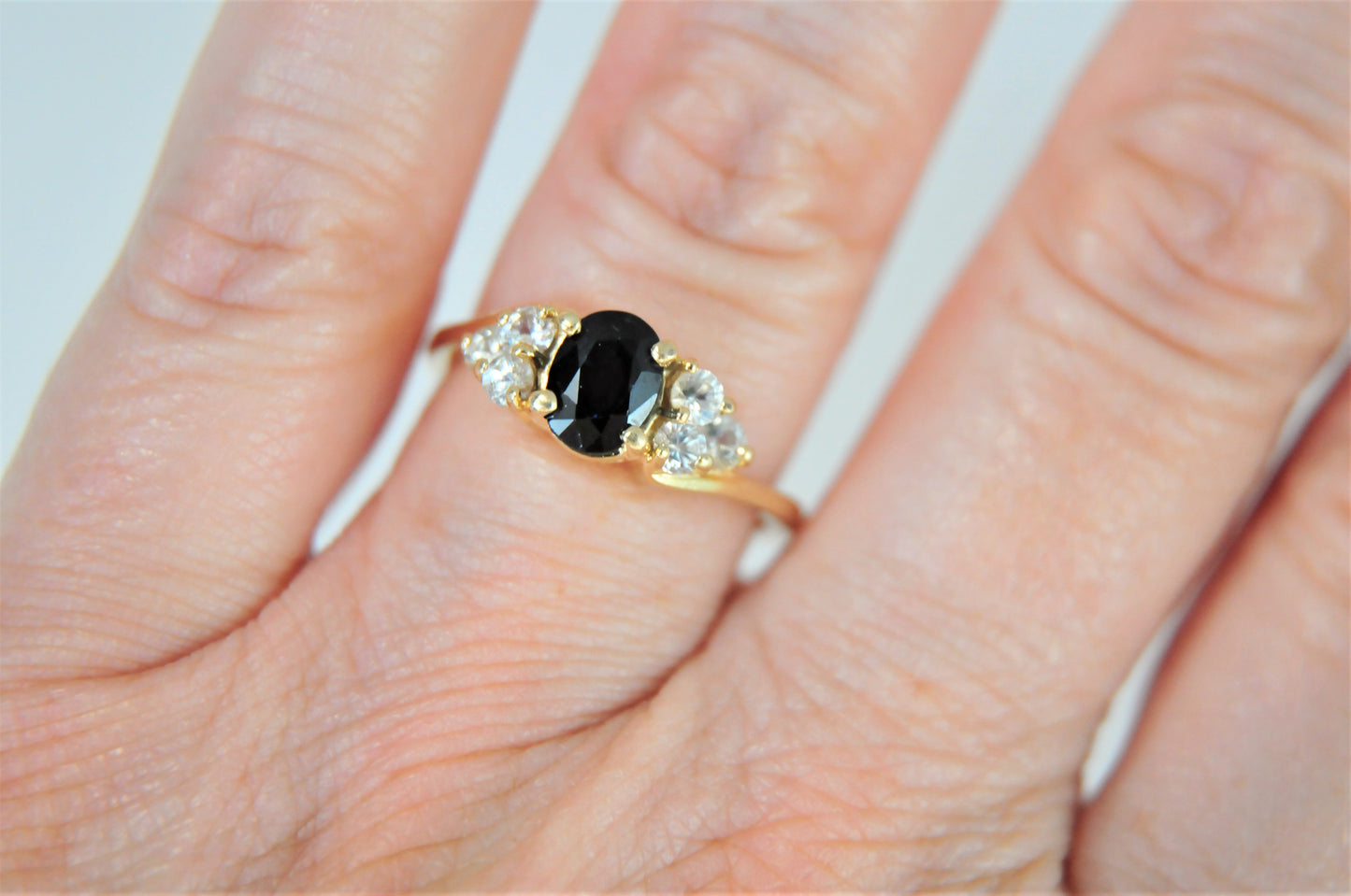 Signed 14K Yellow Gold Sapphire Ring with CZ Accents Size 7 3/4