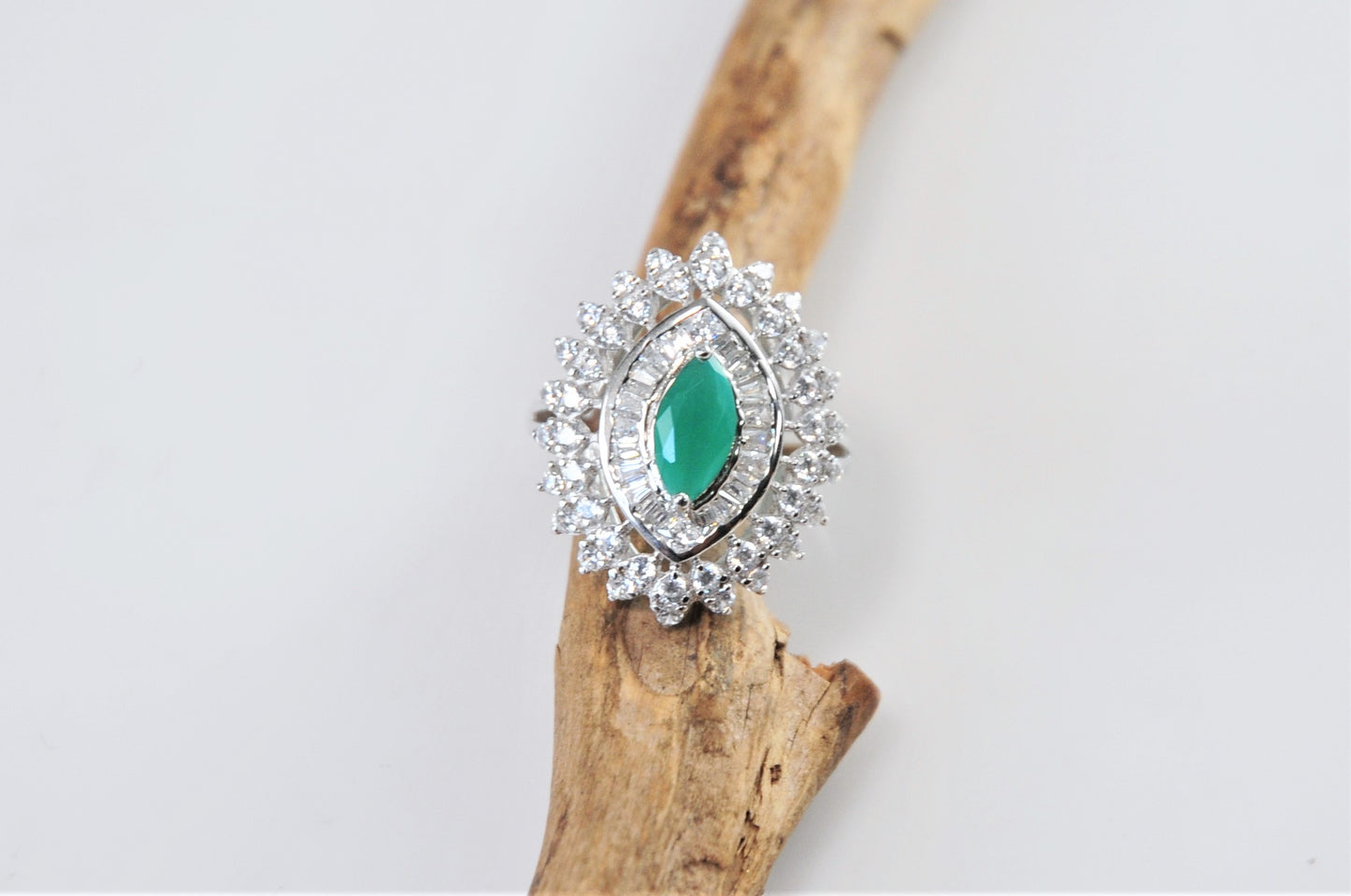 Designer Sterling Silver Marquise Emerald CZ Ring