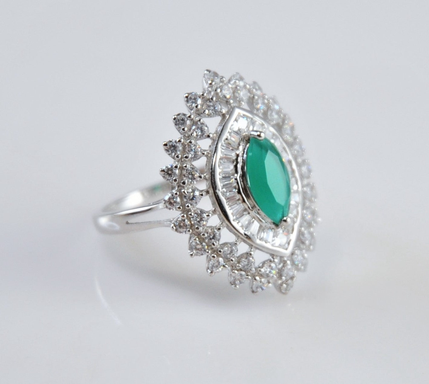 Designer Sterling Silver Marquise Emerald CZ Ring