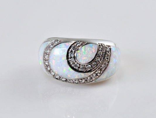 Designer Sterling Silver Opal CZ Ring Size 8 3/4