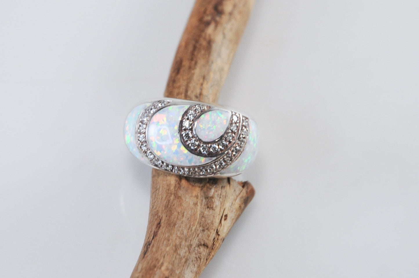 Designer Sterling Silver Opal CZ Ring Size 8 3/4