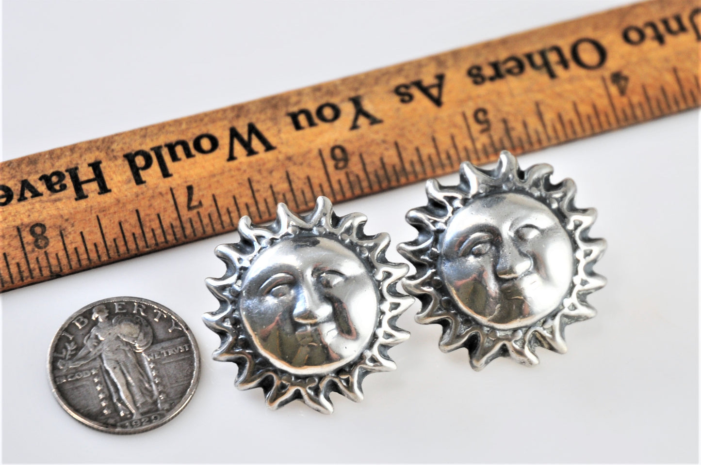 Large Taxco Sterling Silver Celestial Sun Earrings