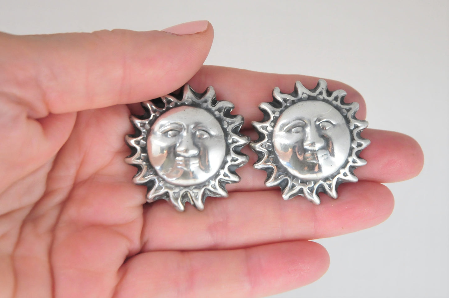 Large Taxco Sterling Silver Celestial Sun Earrings