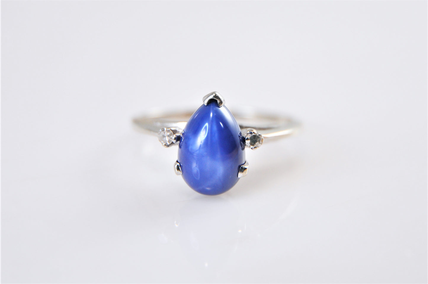 10K White Gold Blue Star Sapphire Ring with Diamond Accents