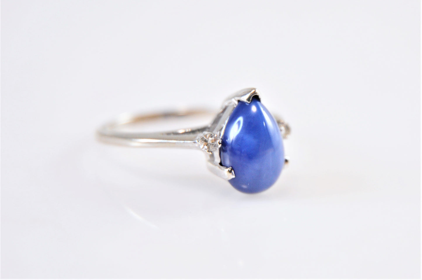 10K White Gold Blue Star Sapphire Ring with Diamond Accents