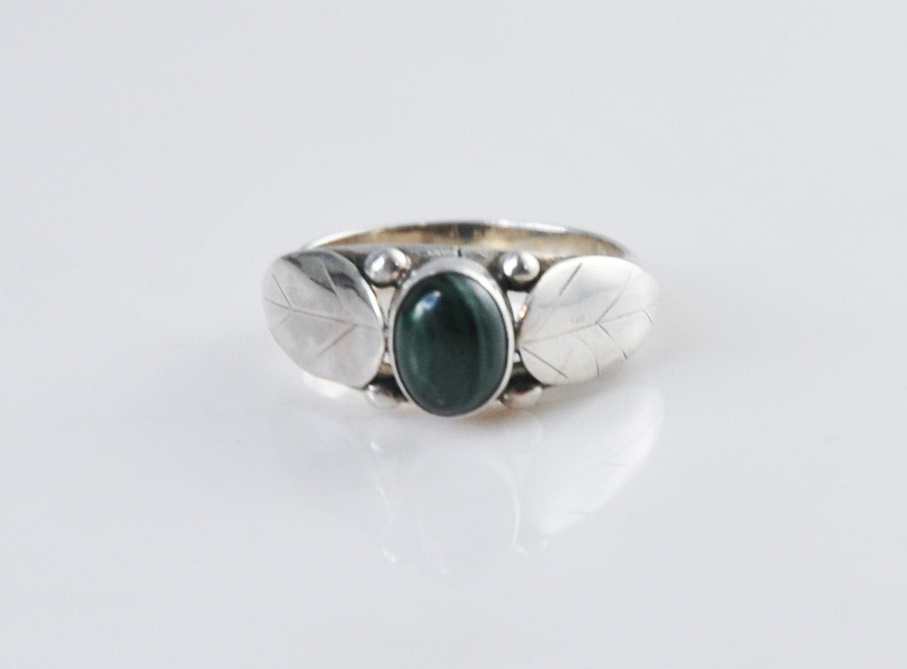 Southwestern Sterling Silver Malachite Leaf Ring Size 6