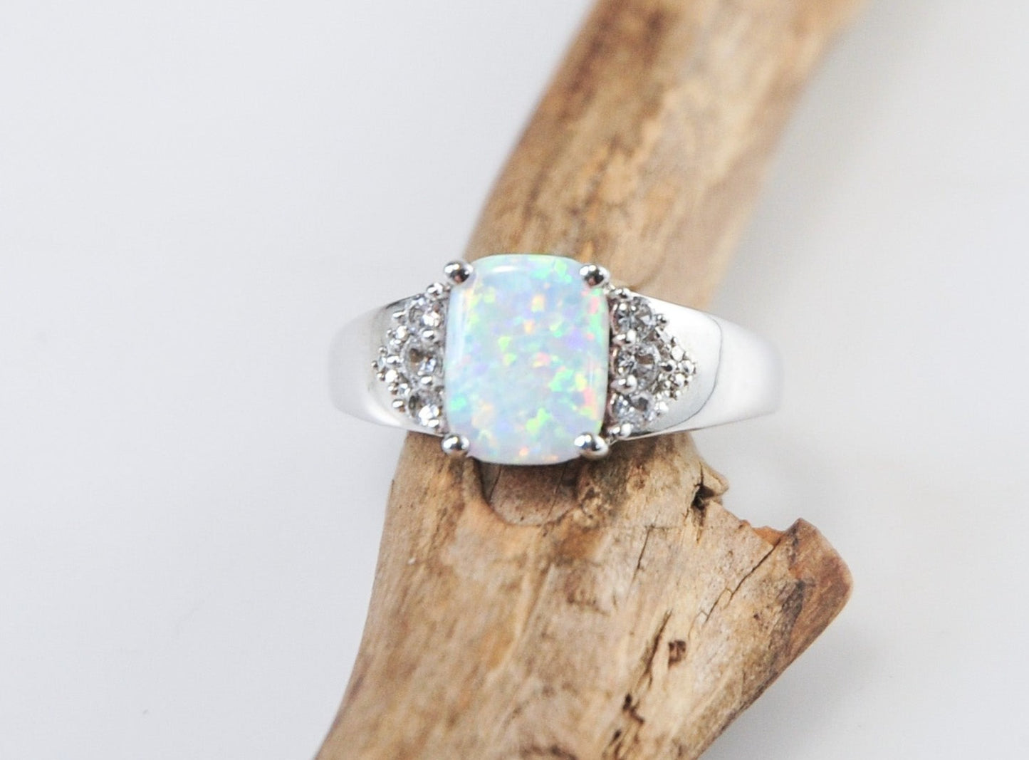 Designer Sterling Silver Opal CZ Ring Size 7