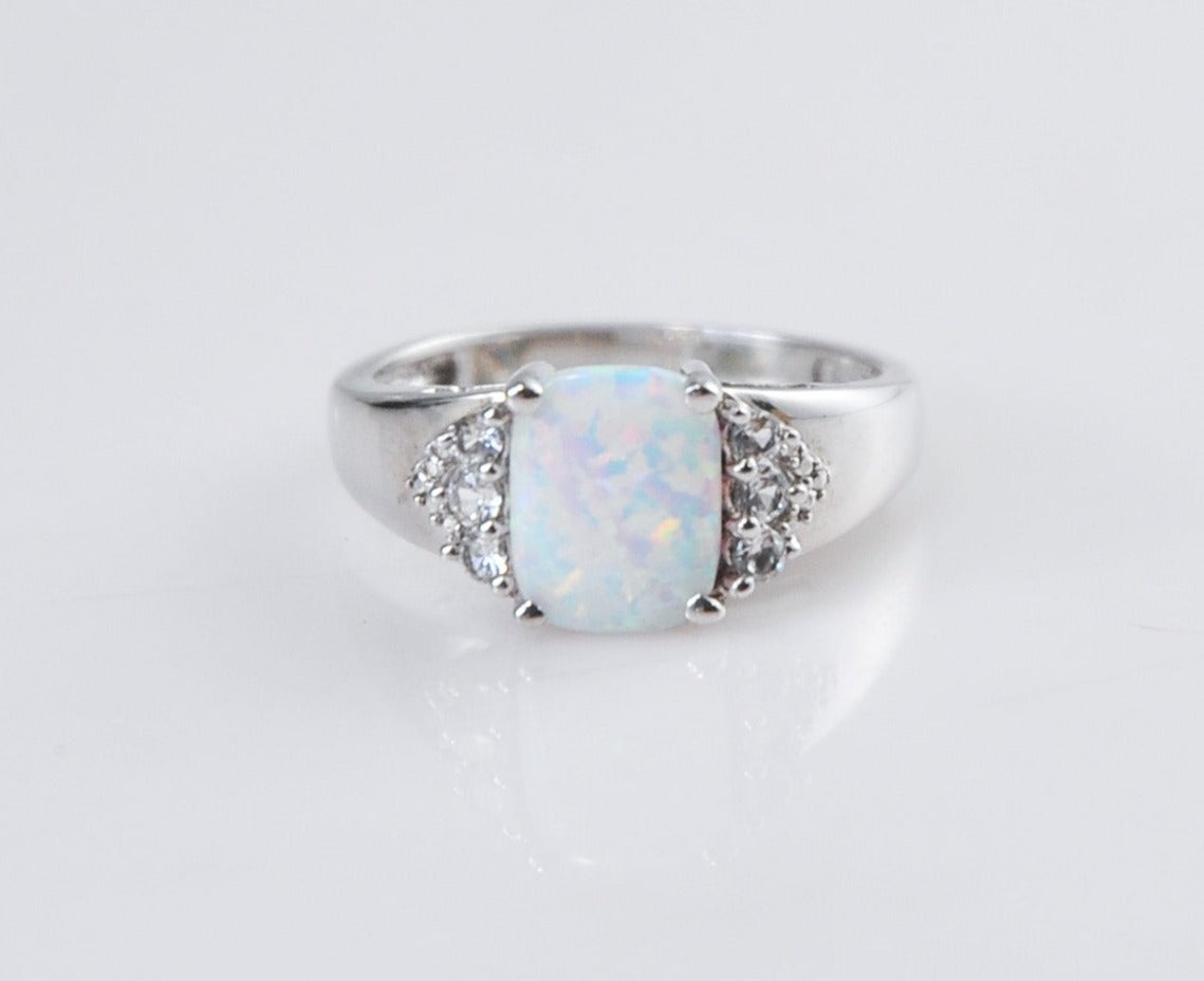 Designer Sterling Silver Opal CZ Ring Size 7