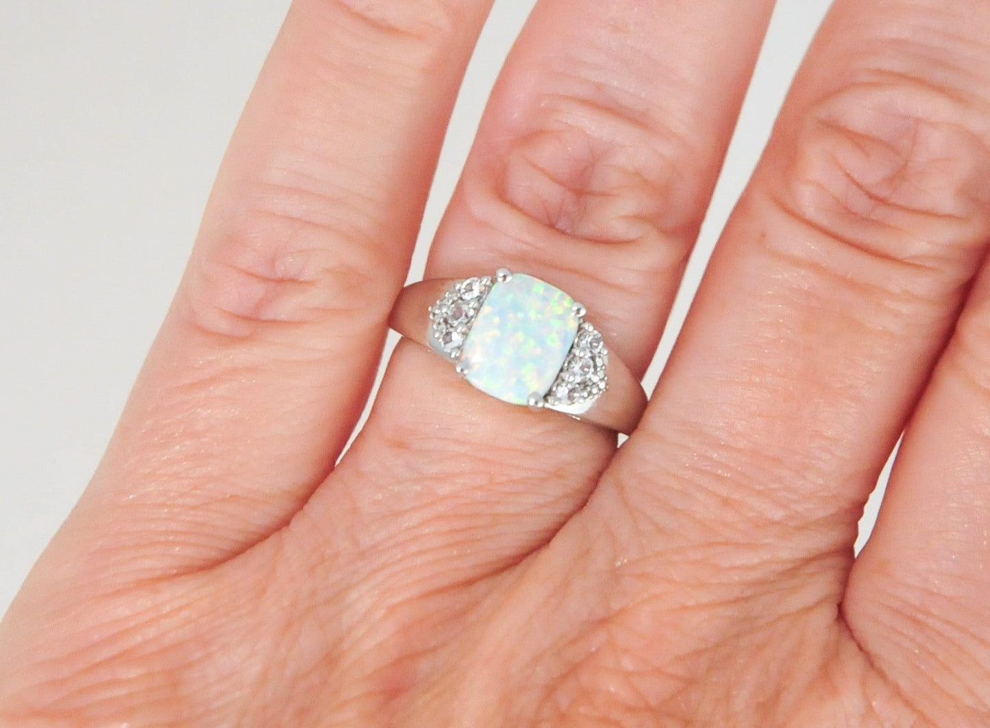 Designer Sterling Silver Opal CZ Ring Size 7