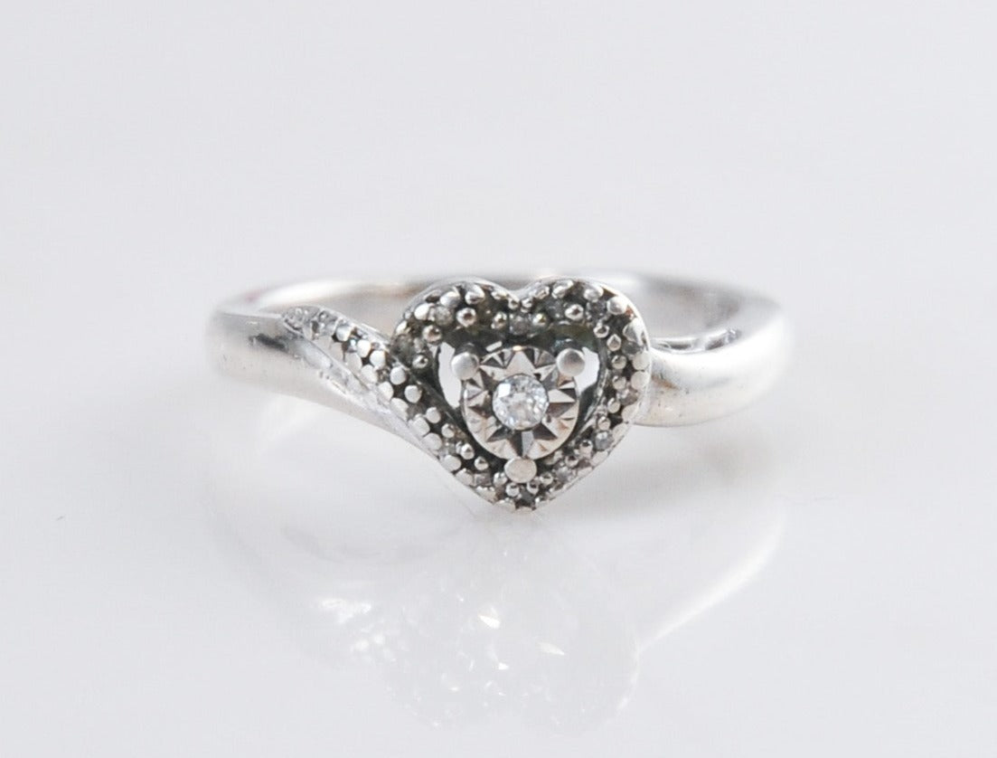 Designer Sterling Silver Diamond Heart Ring Size 7