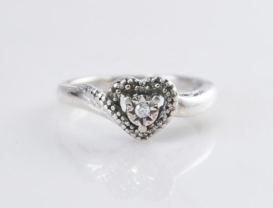 Designer Sterling Silver Diamond Heart Ring Size 7