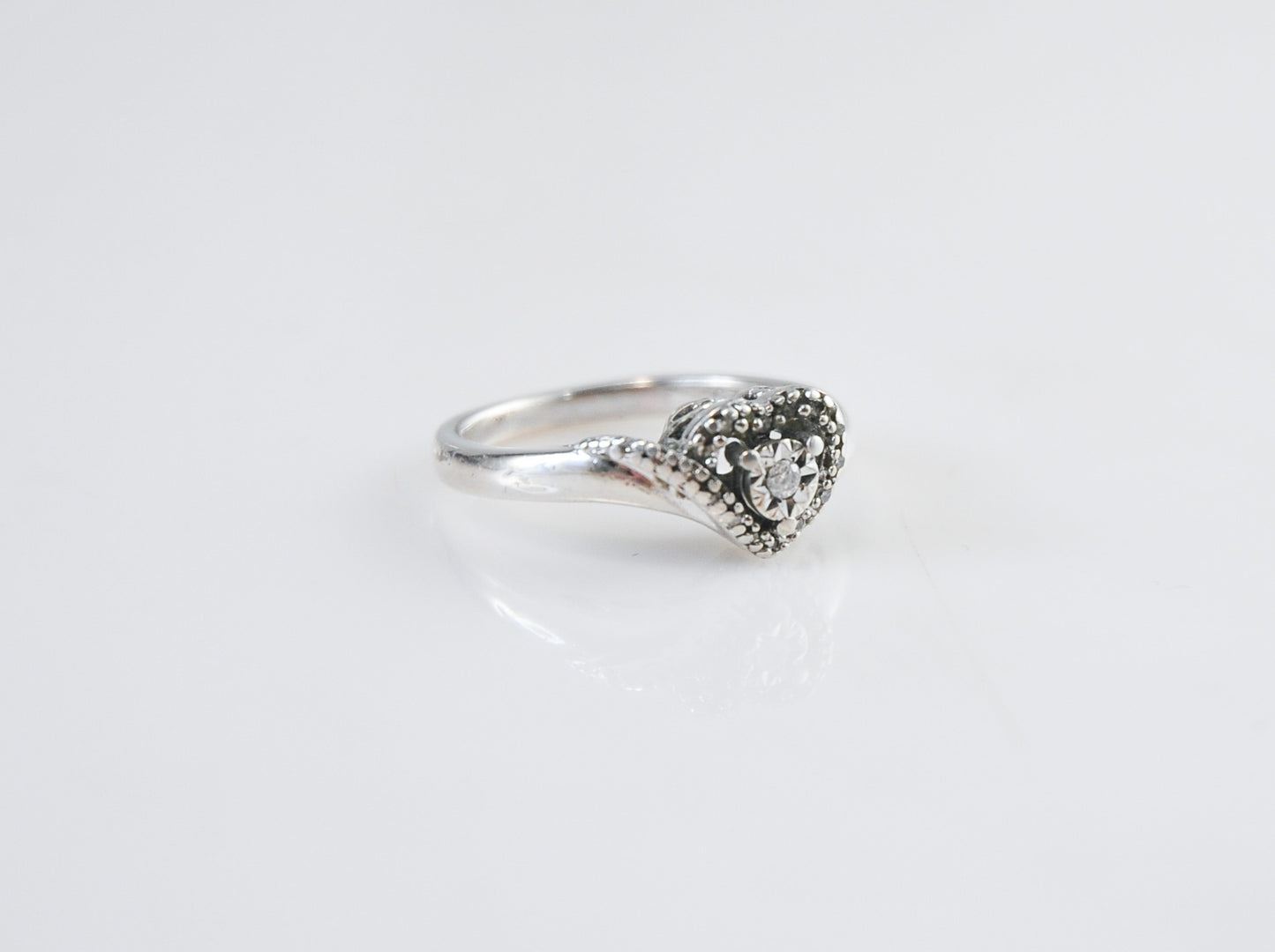 Designer Sterling Silver Diamond Heart Ring Size 7