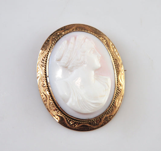 Large Antique 10K Gold Carved Pink Cameo Brooch Pendant