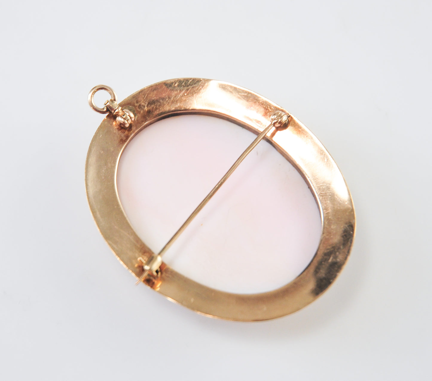 Large Antique 10K Gold Carved Pink Cameo Brooch Pendant