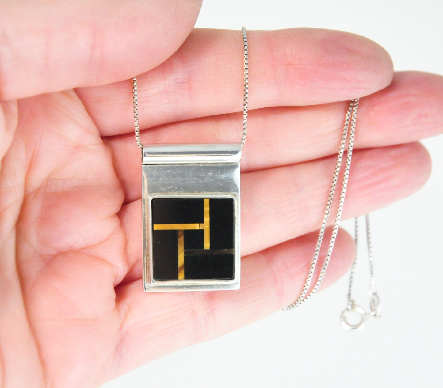 Vintage Southwestern Tiger Eye Onyx Inlay Slider Pendant Necklace