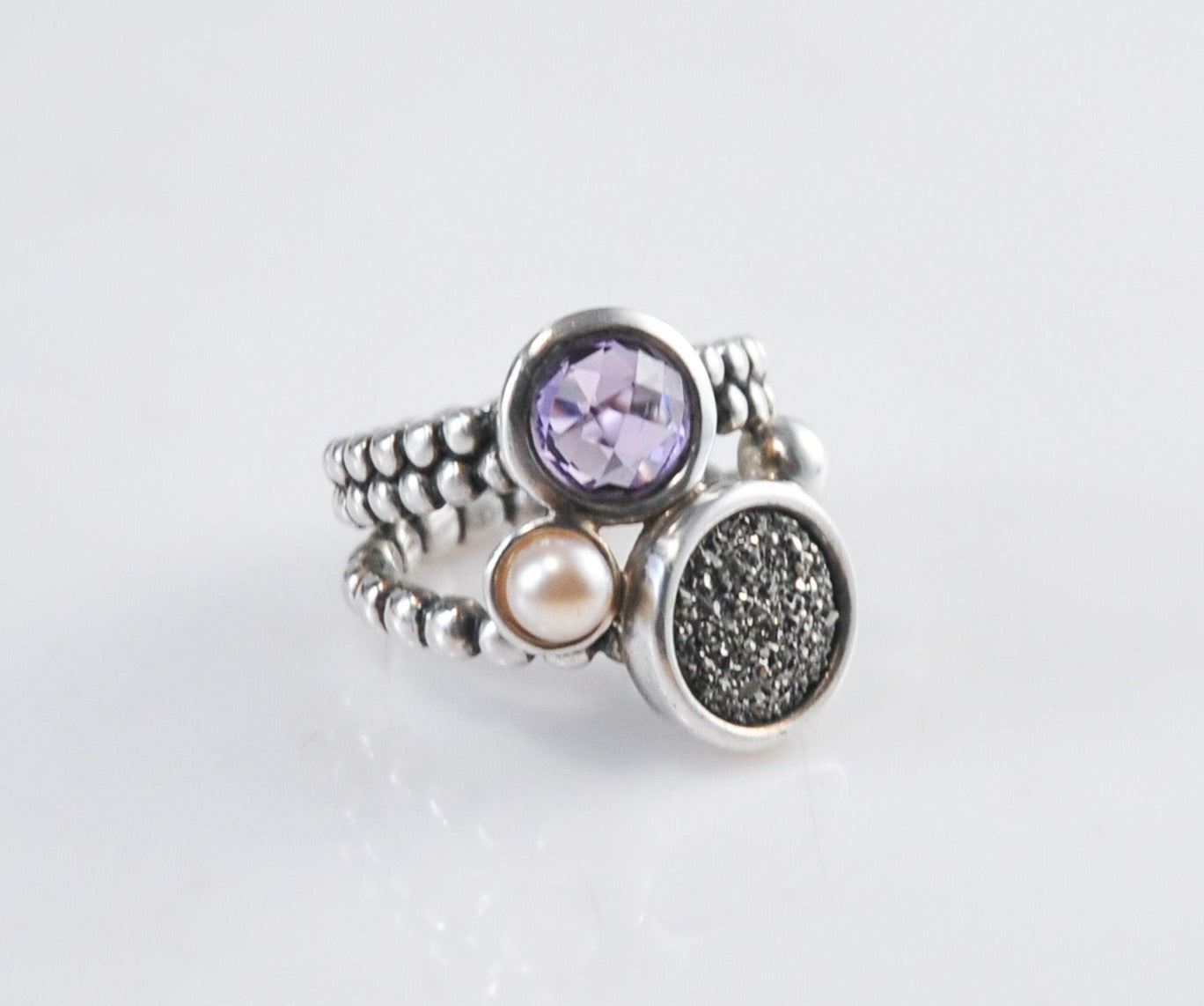 Designer Sterling Silver 925 Druzy Amethyst Pearl Ring