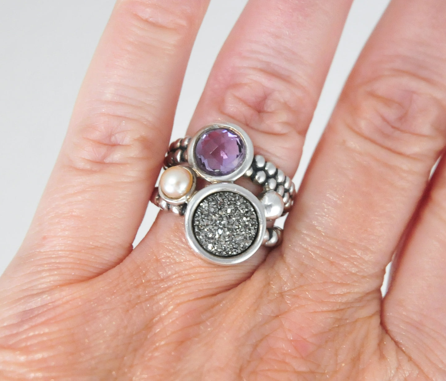 Designer Sterling Silver 925 Druzy Amethyst Pearl Ring