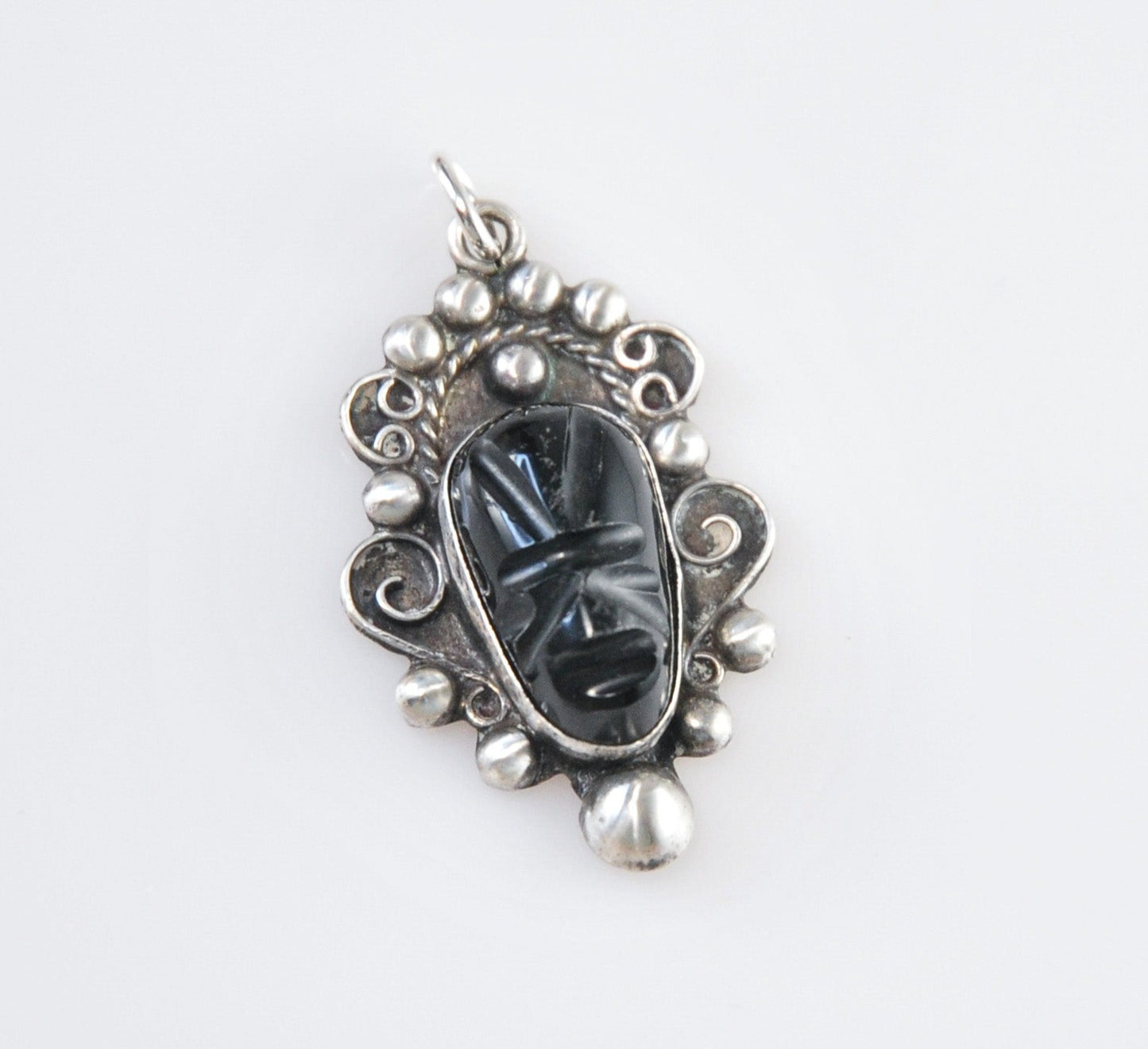 Lightweight Vintage Sterling Silver Carved Onyx Face Pendant