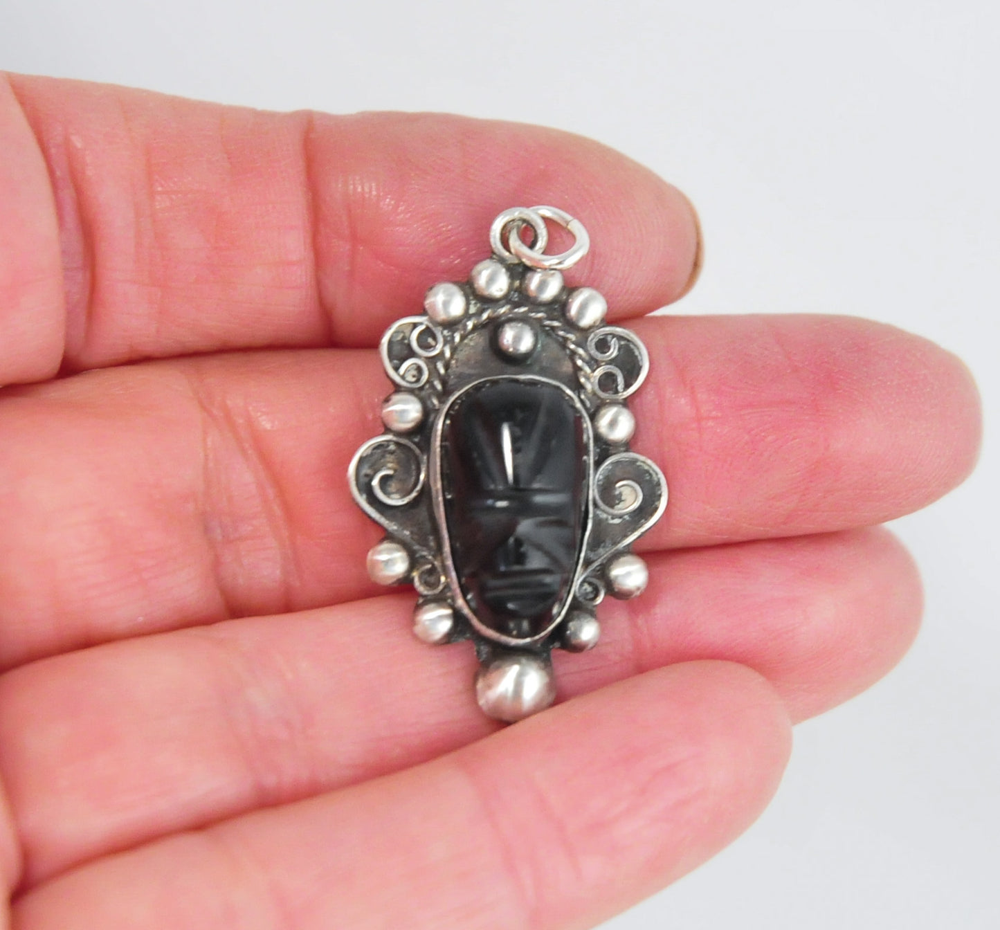 Lightweight Vintage Sterling Silver Carved Onyx Face Pendant