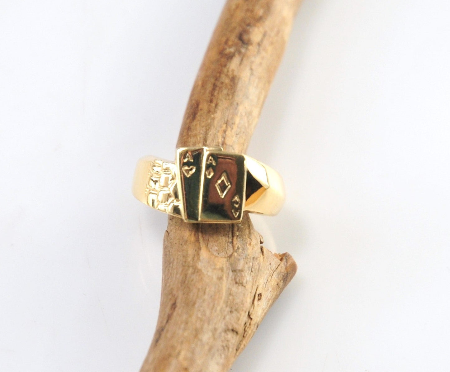 Heavy Designer Solid 14K Gold Aces Ring