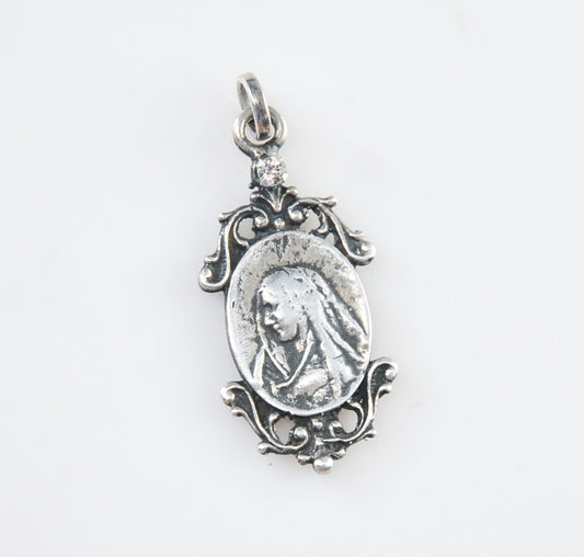 Unique Sterling Silver Madonna with Sacred Heart back CZ Medal Pendant